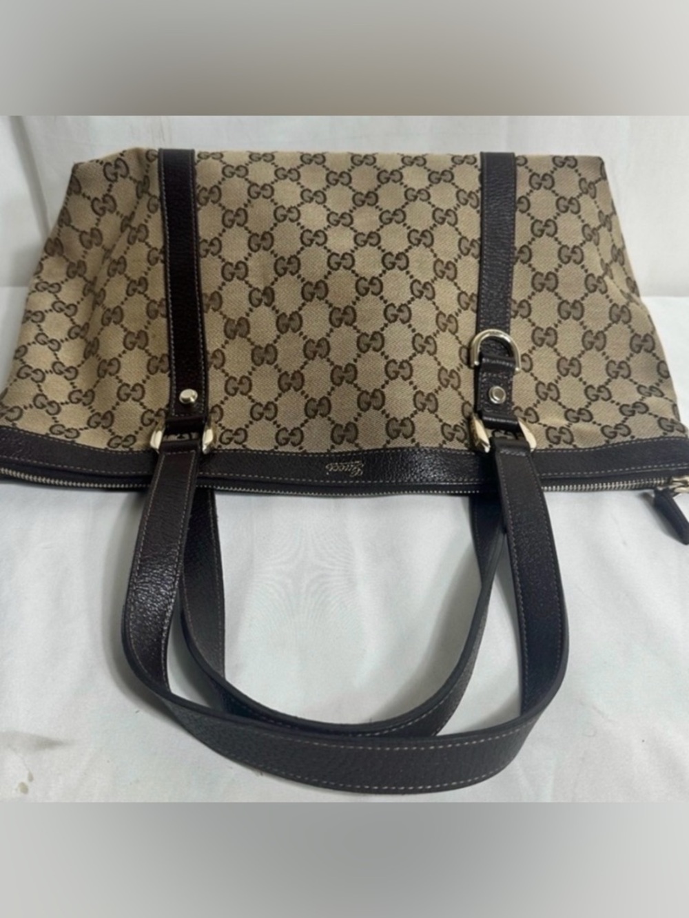 Gucci Beige GG Canvas Tote with Dark Brown Leather Trim - Picture 3 of 10